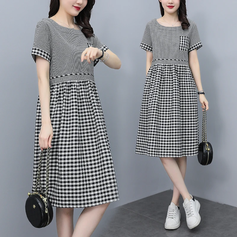 

Клетчатое лоскутное свободное платье, блузки, блузы для женщин, женская модная Тонкая Повседневная модель 2022, летние платья с коротким рука...