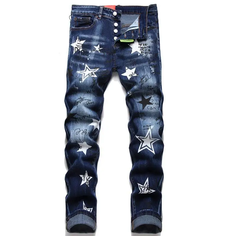 

Tide brand denim men's jeans three-dimensional printing cotton stretch button denim trousers slouchy jeans