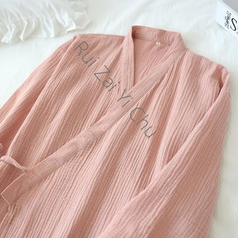 100% Cotton Crepe Robes Women Thin Japanese Kimono Bathrobe Solid Half Pijamas Sleep Tops Loose and Soft Dressing Gown Autumn