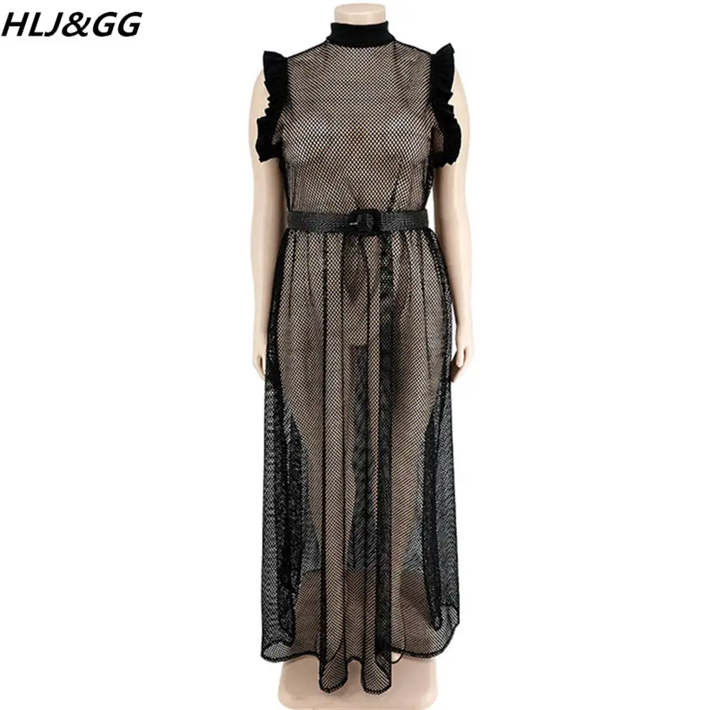 HLJ&GG Sexy Hollow Out Solid Dresses Plus Size Women Clothing XL-5XL Fashion Mesh Sleeve Belt Maxi Dress Vestidos Dropshipping