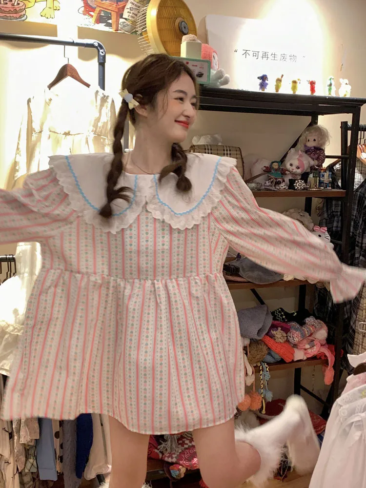 

KIMOKOKM Korea Retro Fashion Preppy Dress Vintage Peter Pan Collar Lace Ruffle Kawaii Flare Sleeve Cute Stripe Pink Dresses
