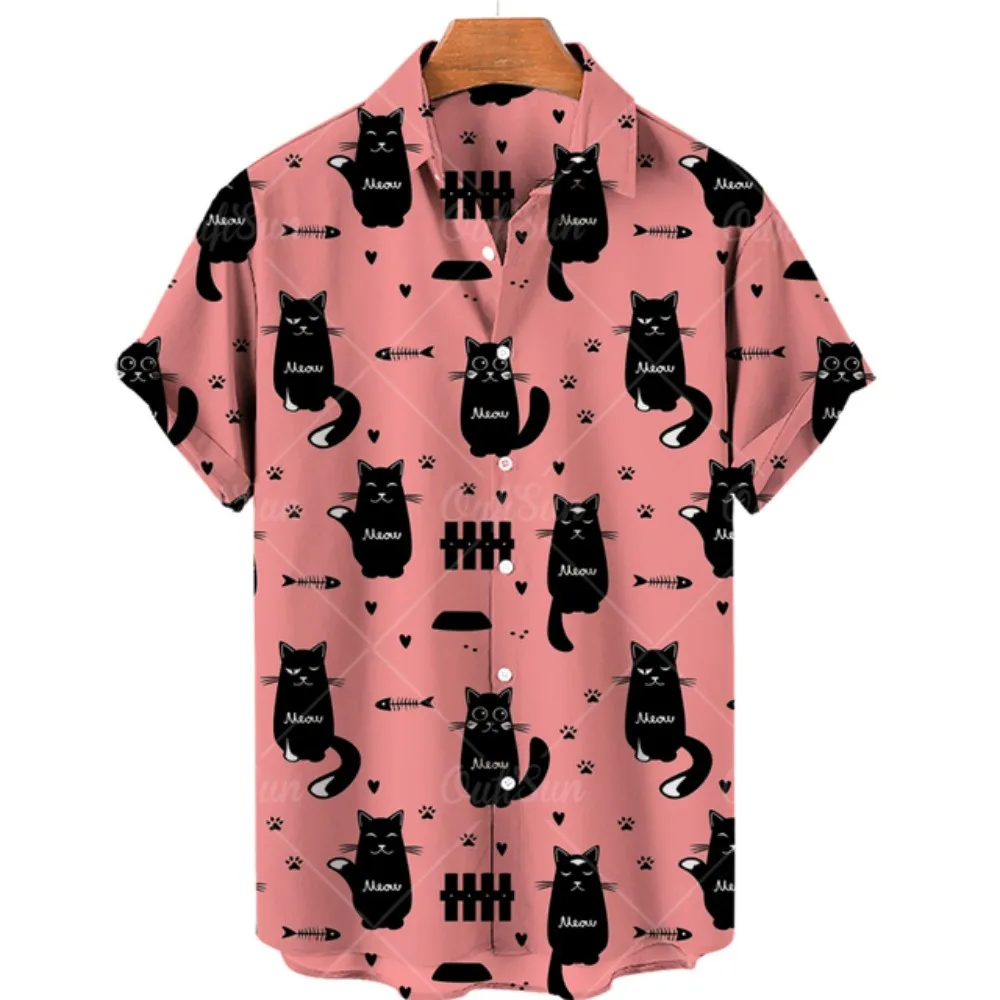 Men's Shirt New Loose Plus Size Casual Vintage Cute Cat Pattern 3D Printed Short Sleeve Shirt Beach Party