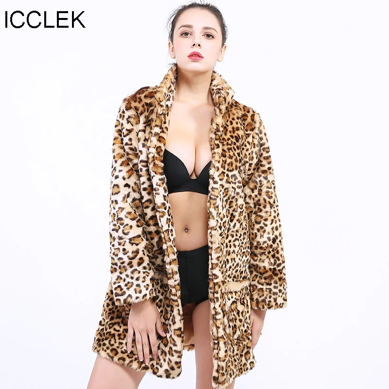 

ICCLEK 2019 super soft Leopard Coat long sleeve Lapel women's Leopard Coat autumn and winter women's wear