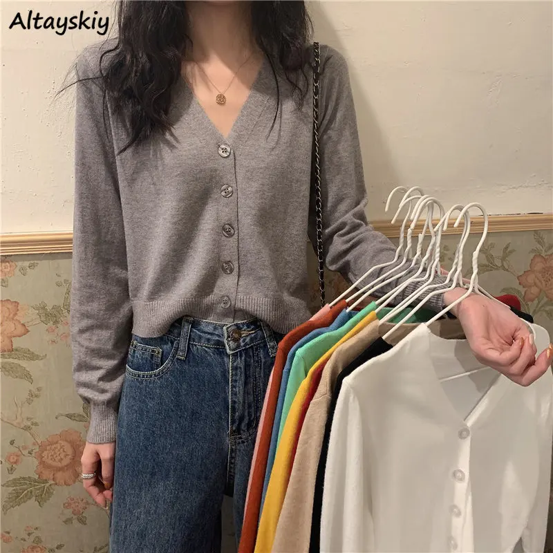 

10-colors Cardigans Women Solid All-match Basic V-neck Fashion Knitwear Autumn Minimalist Young Cropped Sweaters Simple Ulzzang