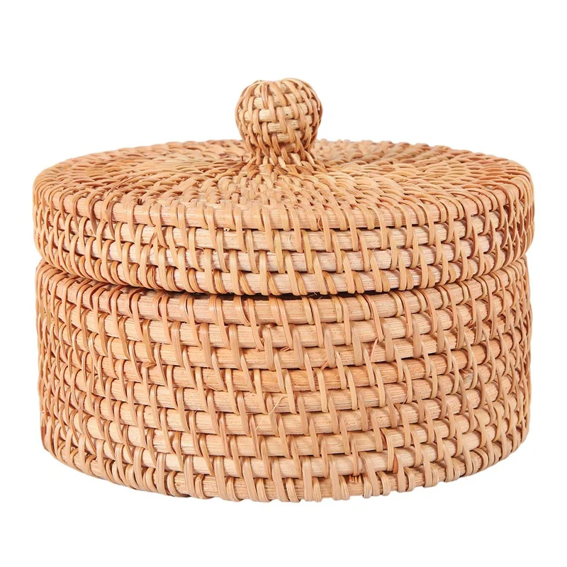

Handwoven Rattan Storage Box With Lid Wicker Tea Food Container Picnic Bread Fruit Cake Basket Kitchen Organizer