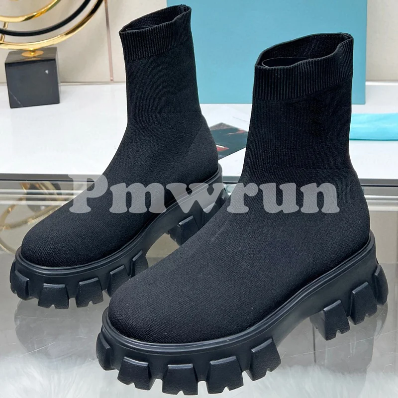 

Женские короткие ботинки, сезон весна-осень 2023, ботильоны из эластичной ткани с круглым носком и толстой подошвой, лаконичная универсальная женская обувь