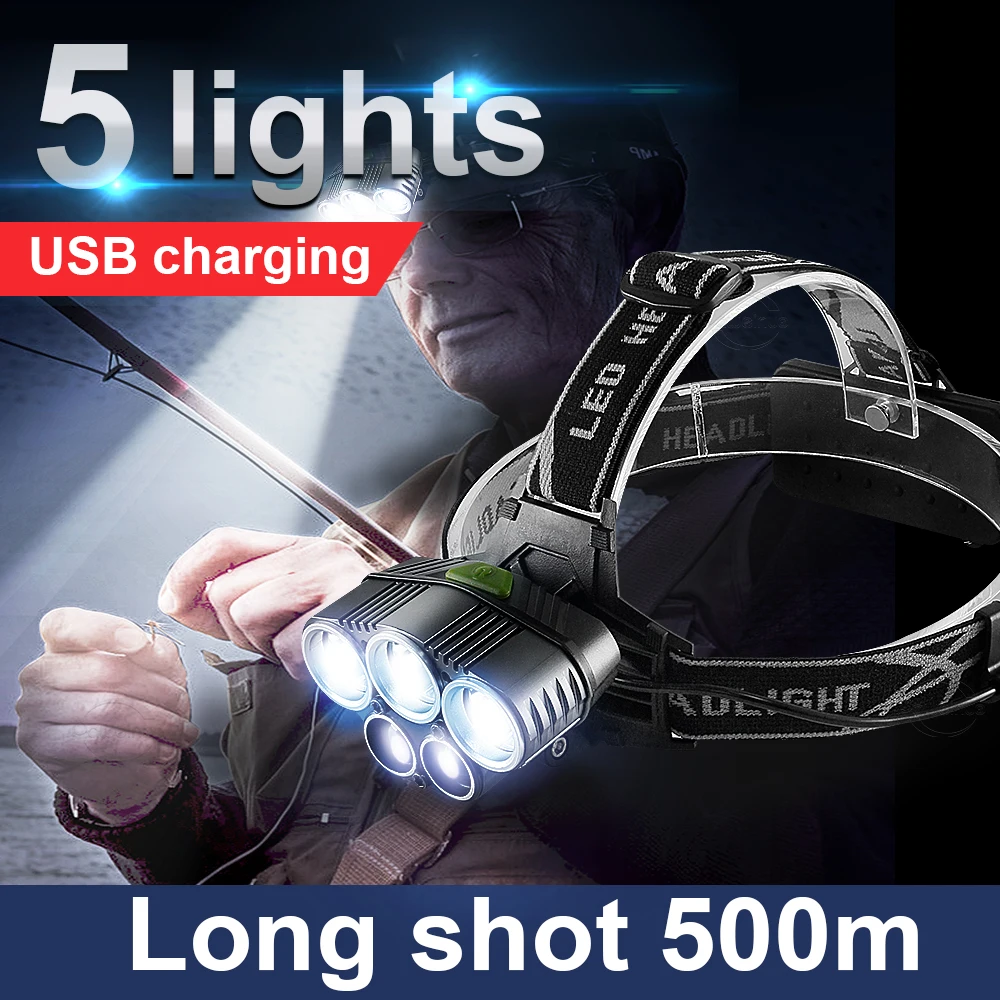 

Dropshipping 500000 glare Super Headlamp 18650 USB Rechargeable 3T6 Head flashlight Fishing Head Lamp 6modes Head torch light