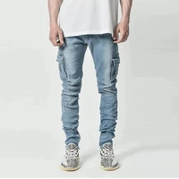 mens fashion side pocket skinny jeans four seasons all match casual pants multi pocket cargo jeans