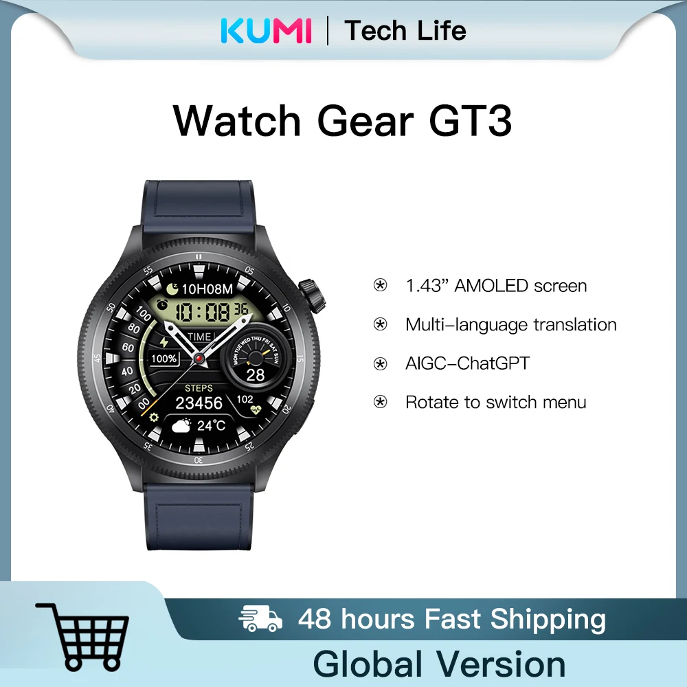 KUMI Watch Gear GT3 1 43-дюймовый AMOLED-экран Смарт-часы Bluetooth-вызов Многоязычный перевод
