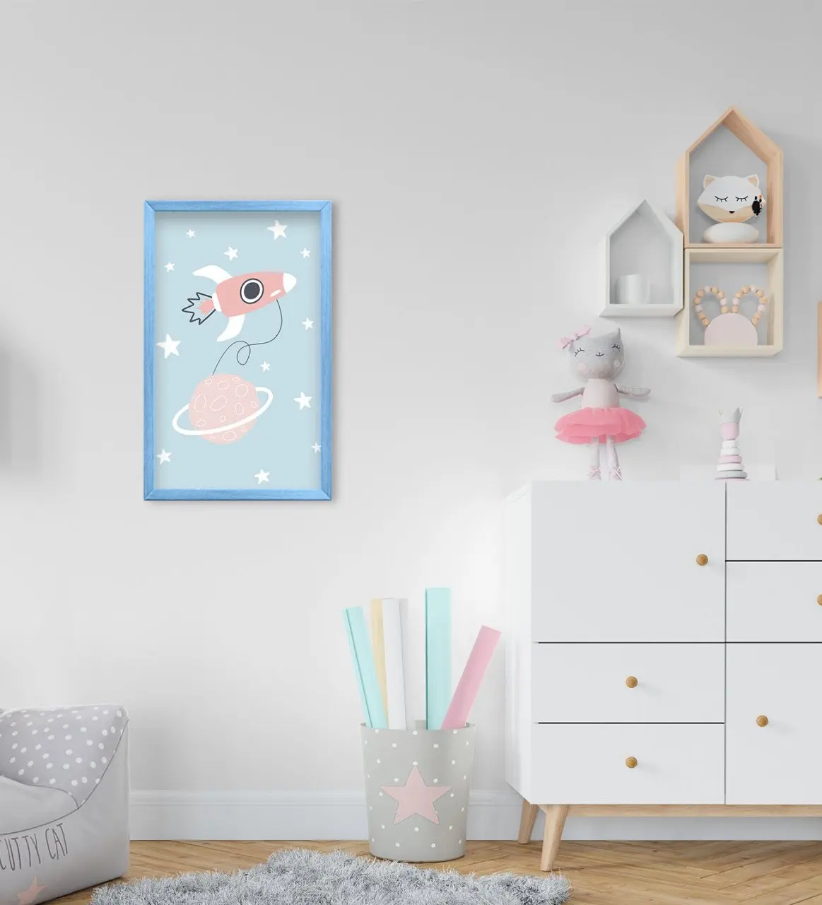 

BK Home Spacecraft Design Decorative Blue Wood Framed Kids Room Tablo-1