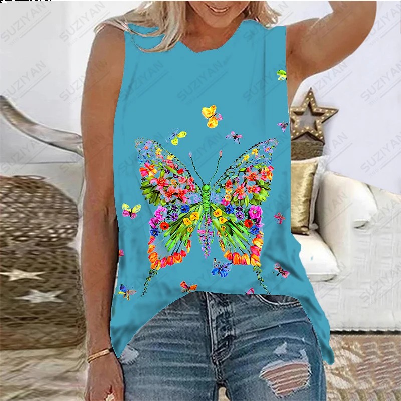 

2023 Summer New Hot Selling Women's Sleeveless Tank Top T-shirt 3D Butterfly Print Beach Casual Loose Style Women's Pullover Top