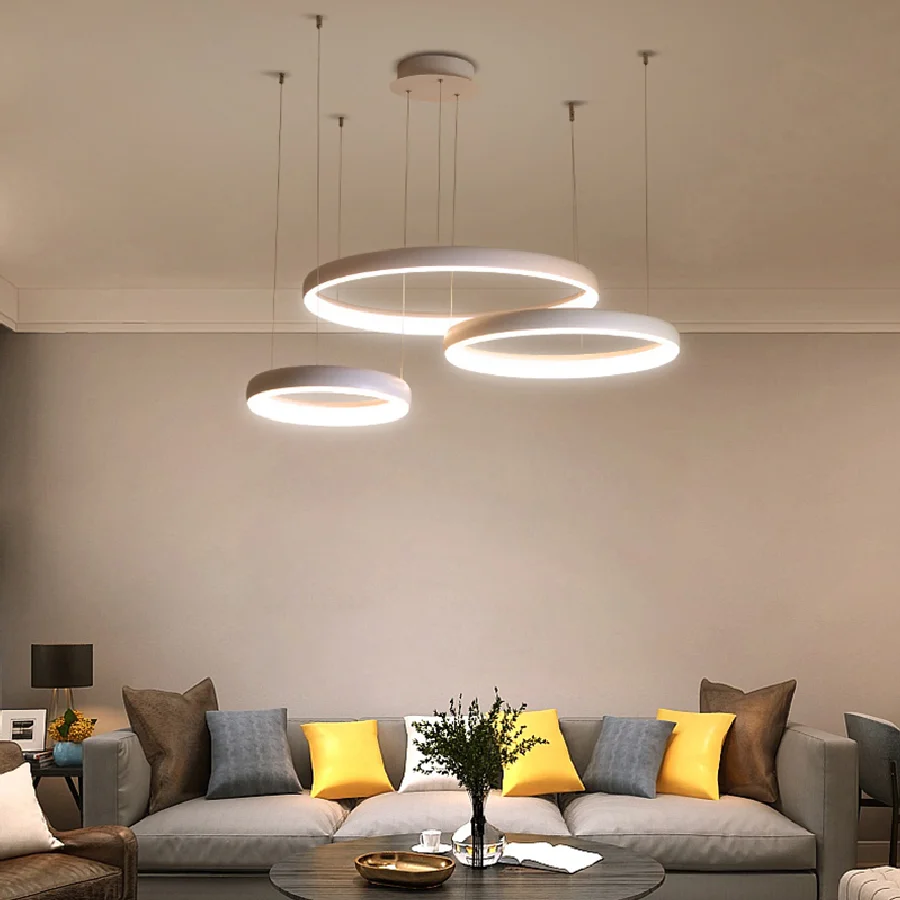 

Современная светодиодная люстра с кольцом, потолочные светильники для гостиной, магазина, бара, лампы для подвешивания кофейных и белых цветов