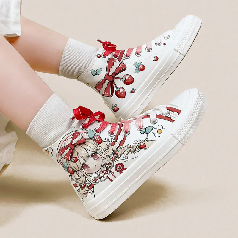 

Cartoon Strawberry Girl Canvas Sneakers Women's Laced Up High Tops School Student Vulcanized Shoes Woman Printed Sneaker Tenis