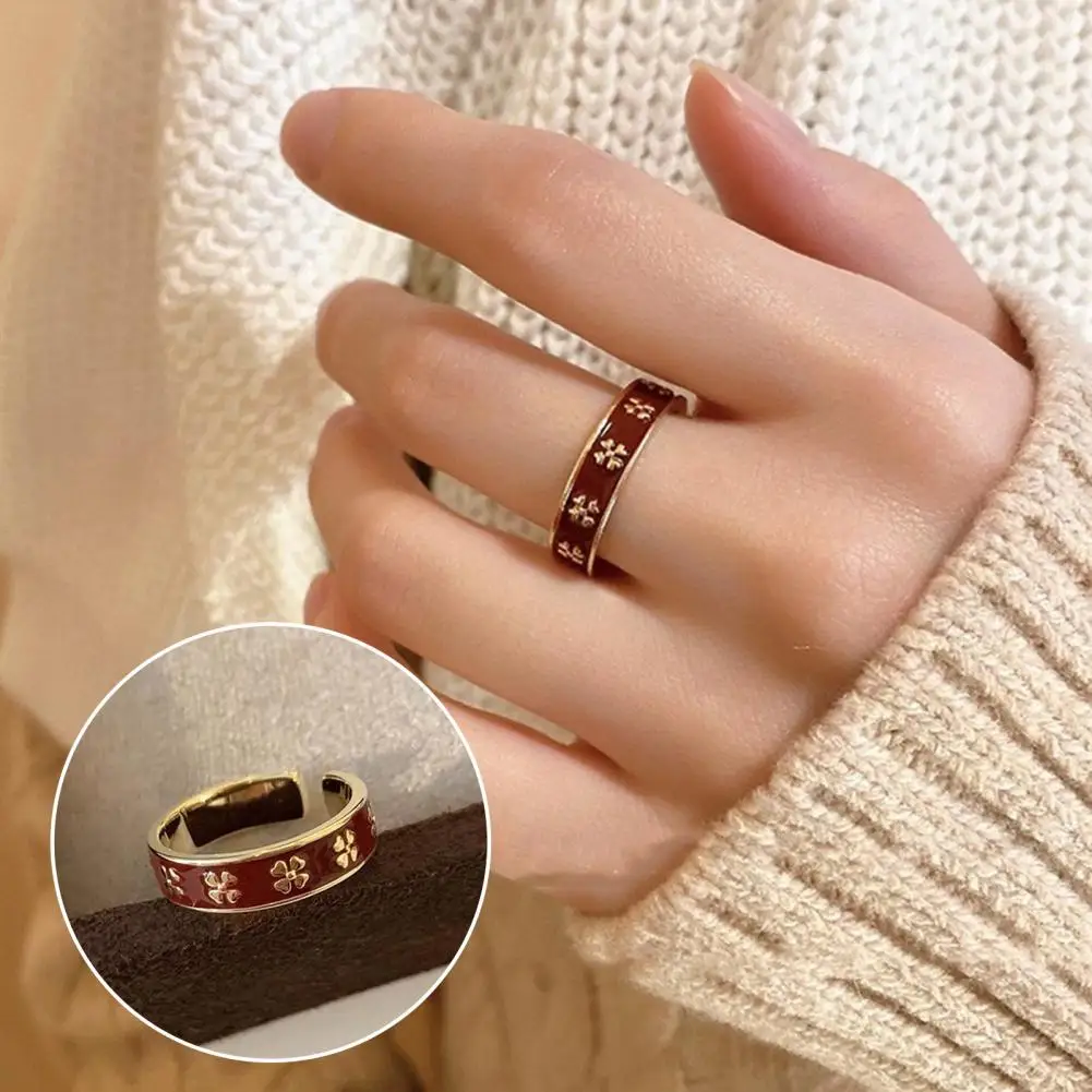 

Women Ring Red Enamel Bi-color Opening Adjustable Elegant Metal Golden Four Leaf Clover Finger Ring Fashion Jewelry