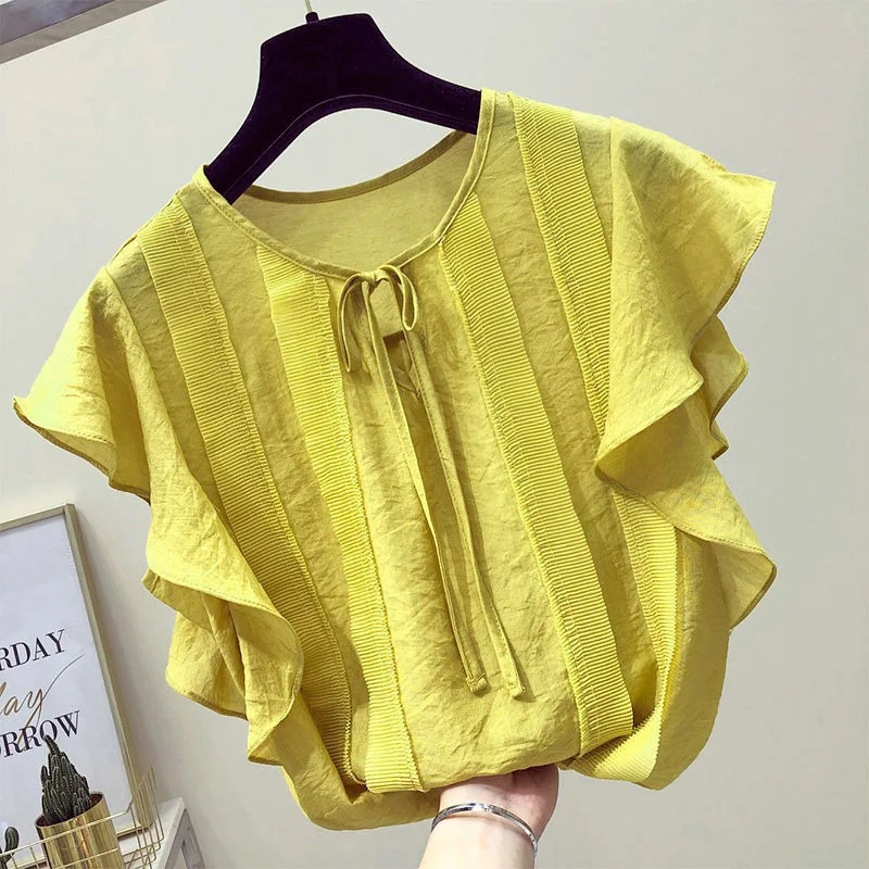 

Elegant Loose Lace Up Bow Ruffles Chiffon Blouse Women Clothing Summer New Casual Pullovers Solid Color Office Lady Shirt