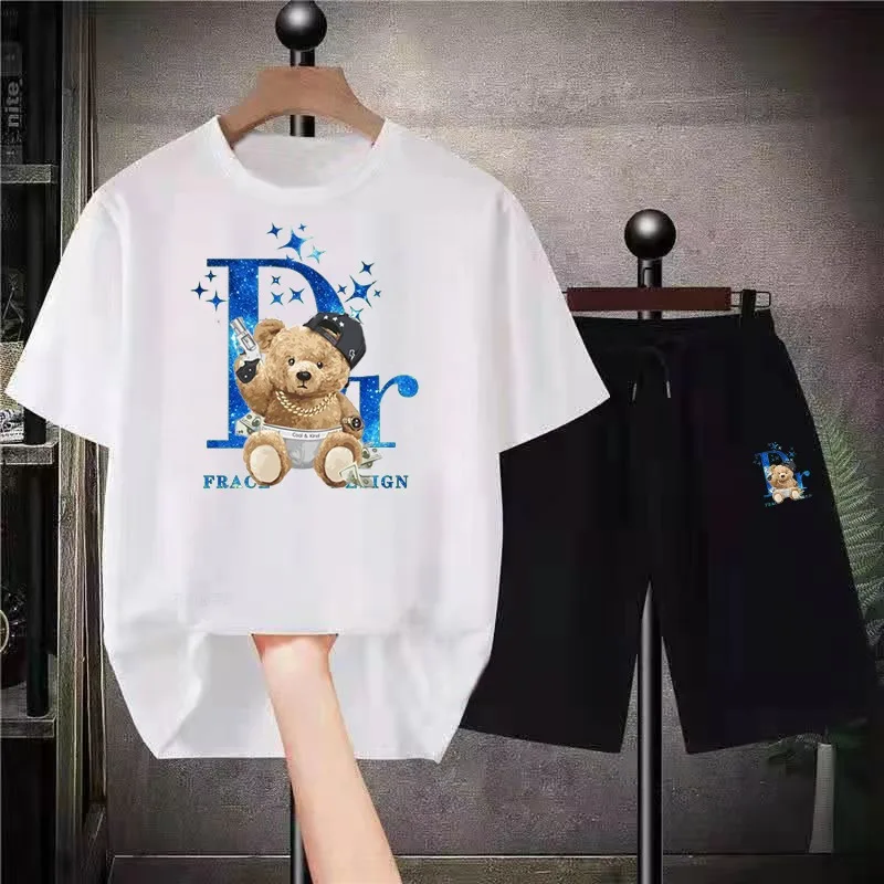 Fashion Streetwear Oversized Outfits Mens Cotton Funny Anime Tracksuits Hip Hop Bear Unisex Shirt Sets Summer Shirts Short Suits