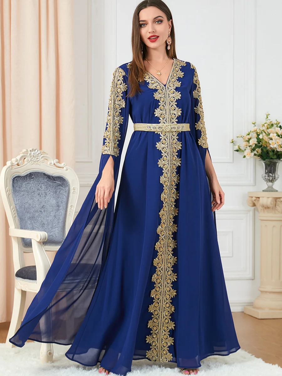 Muslim Women V-neck Dress Abaya Party Dresses Long Sleeve Abayas Middle East Dubai Turkey Islam Kaftan Robe Longue Vestidos Eid