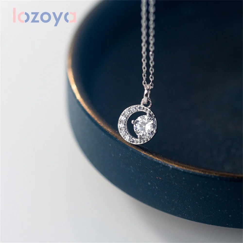 

LOZOYA Women's 925 Sterling Silver Necklace Round Crescent Single Diamond Zircon Pendant Crystal European Style Clavicle Chain