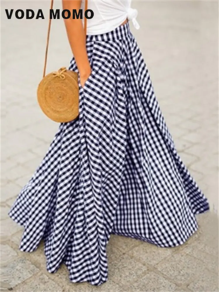 

Летние клетчатые длинные юбки А-силуэта, винтажные клетчатые женские юбки, богемные юбки, повседневные эластичные Макси-юбки с высокой талией и карманами