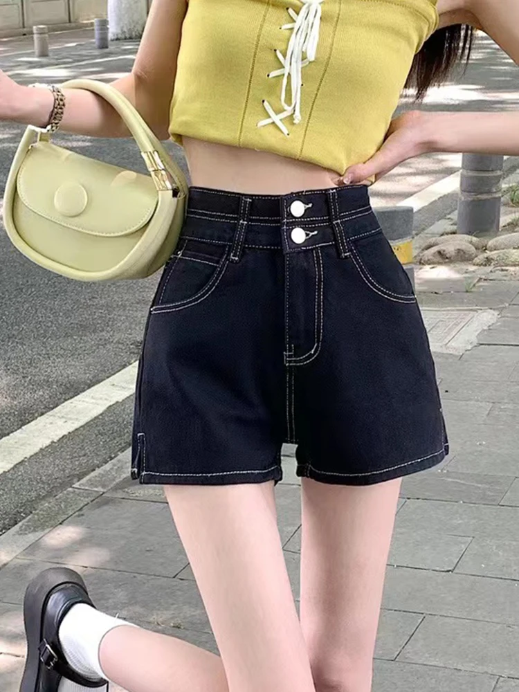 Streetwear Women High Waist Loose Black Denim Shorts Spring Summer Female Button Wide Leg Jeans Shorts Bottoms