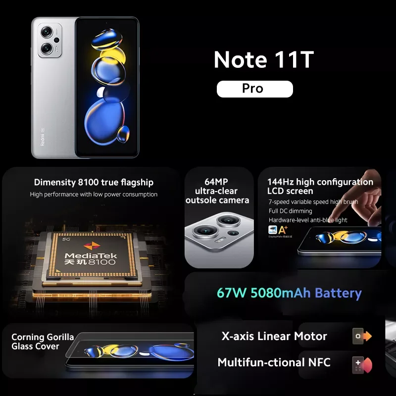 Najtaniej Globalny Rom Xiaomi Redmi Note 11T Pro 5G Smartphone Dimensity 8100 144Hz Ekran 64MP Kamera 5080mAh Bateria 67w Szybkie ładowanie