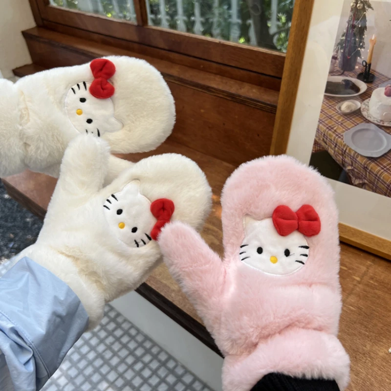 

Милые зимние теплые перчатки Hello Kitty Симпатичные двухслойные утепленные плюшевые перчатки на флисовой подкладке с лямкой на шее