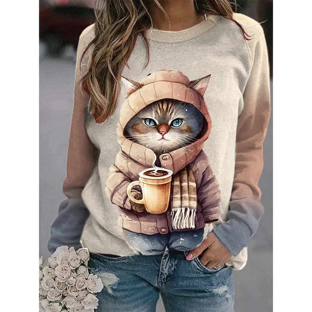   귀여운 고양이 긴팔 티셔츠, 꽃 동물 패치워크 티셔츠, 가을 패션 풀오버 패션, 여성 블라우스 2023 