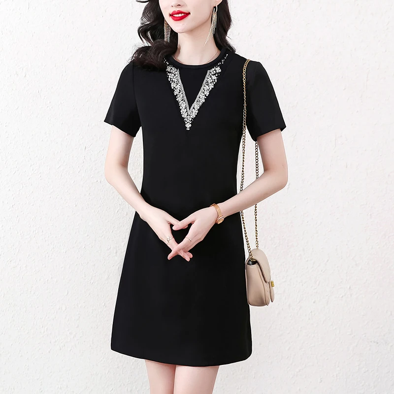 

Новинка лета 2023, черное платье большого размера с круглым вырезом и бусинами