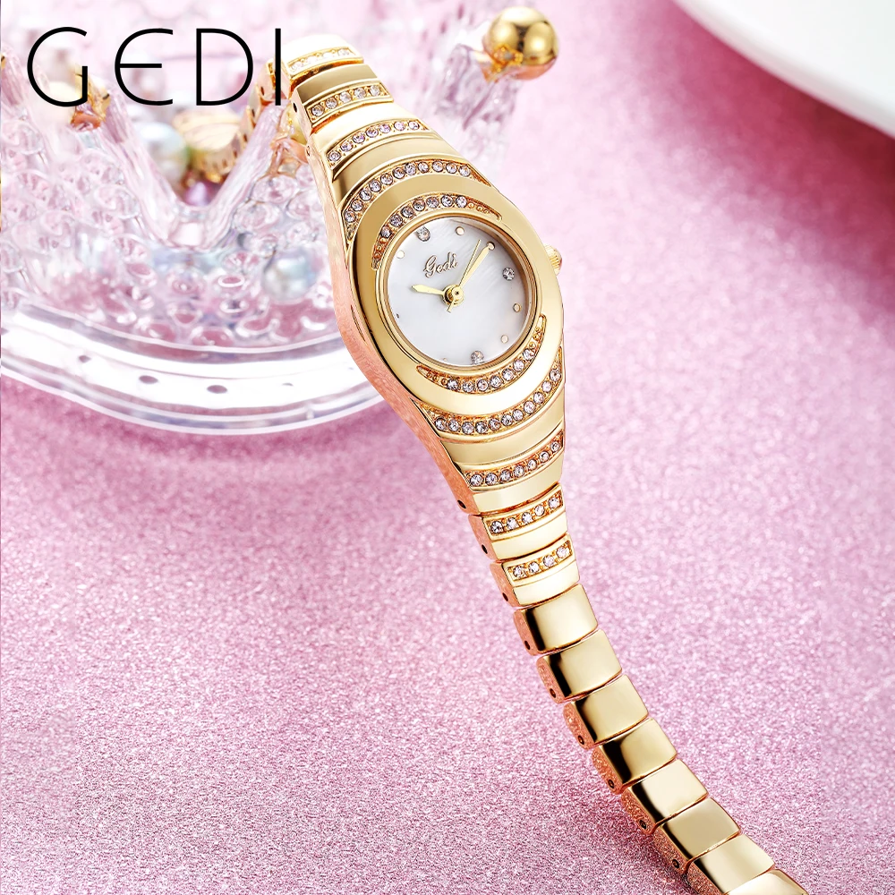 GEDI Ladies Wrist Watches Dress Rose Gold Watch Women Crystal Diamond Watches Stainless Steel Clock Women Montre Femme 2023 New