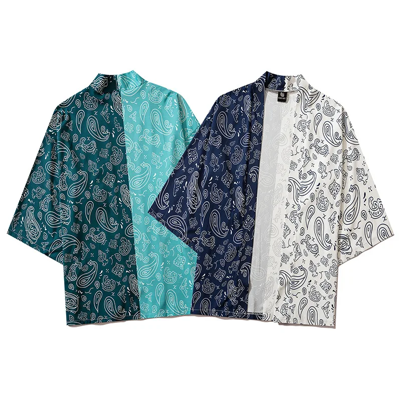 Patchwork Print Men Kimono Robe Thin Cardigan Buttonless Shirts M-XXL Casual Rayon Home Bathrobe