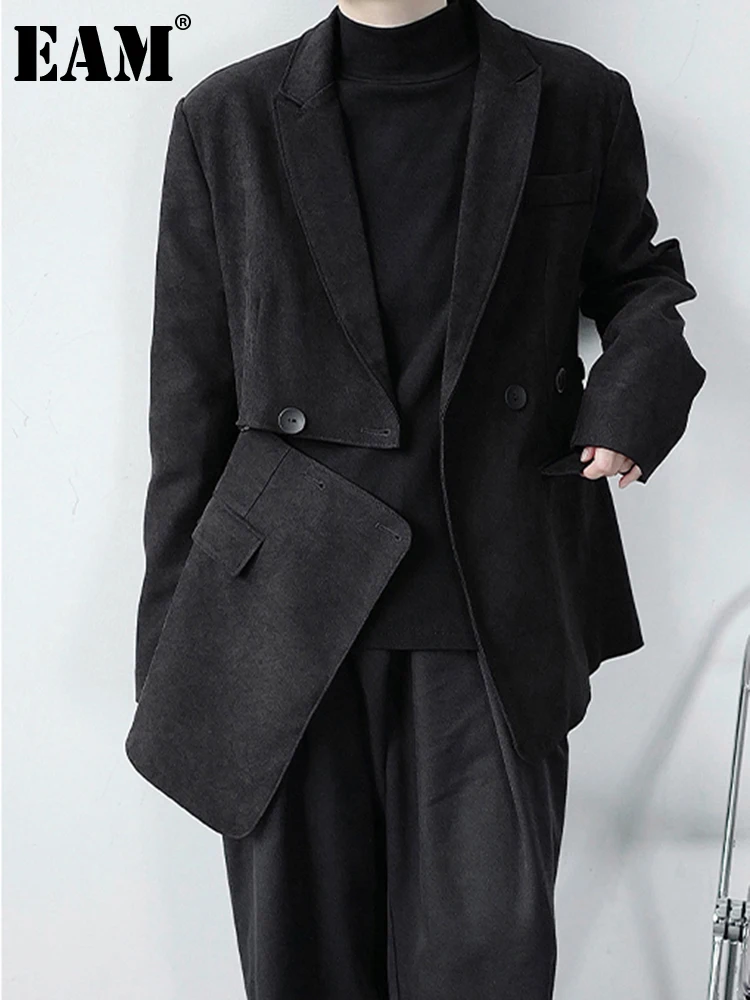 

[EAM] Women Black Irregular Button Elegant Blazer New Lapel Long Sleeve Loose Fit Jacket Fashion Spring Autumn 2023 1DF0897