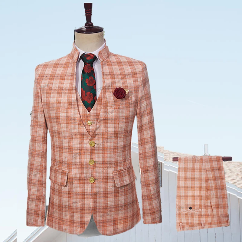 

Мужской льняной однобортный Блейзер, оранжевый клетчатый пиджак с воротником-стойкой и брюки в стиле ретро, облегающий блейзер для отдыха, лето 2023