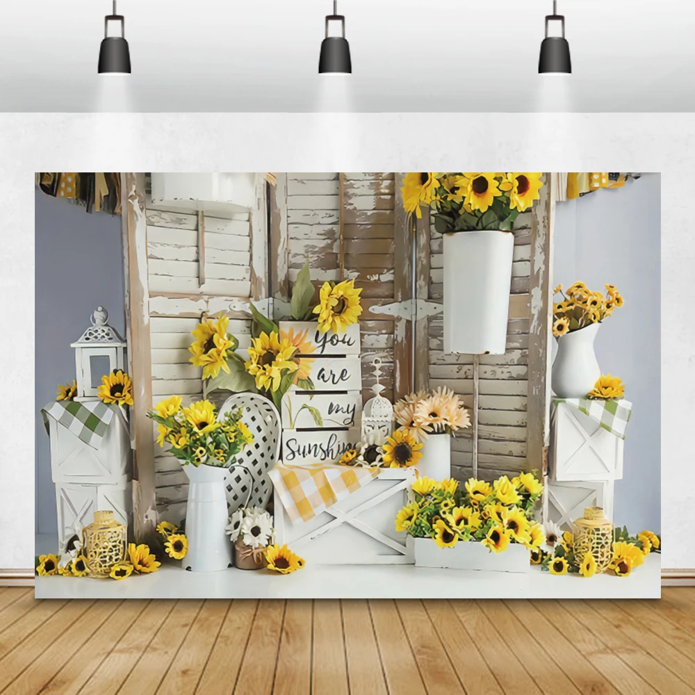 

Laeacco Sunflower Wooden Boards Backdrops Poster White Vase Newborn Baby Shower Photocall Banner Photographic Photo Backgrounds