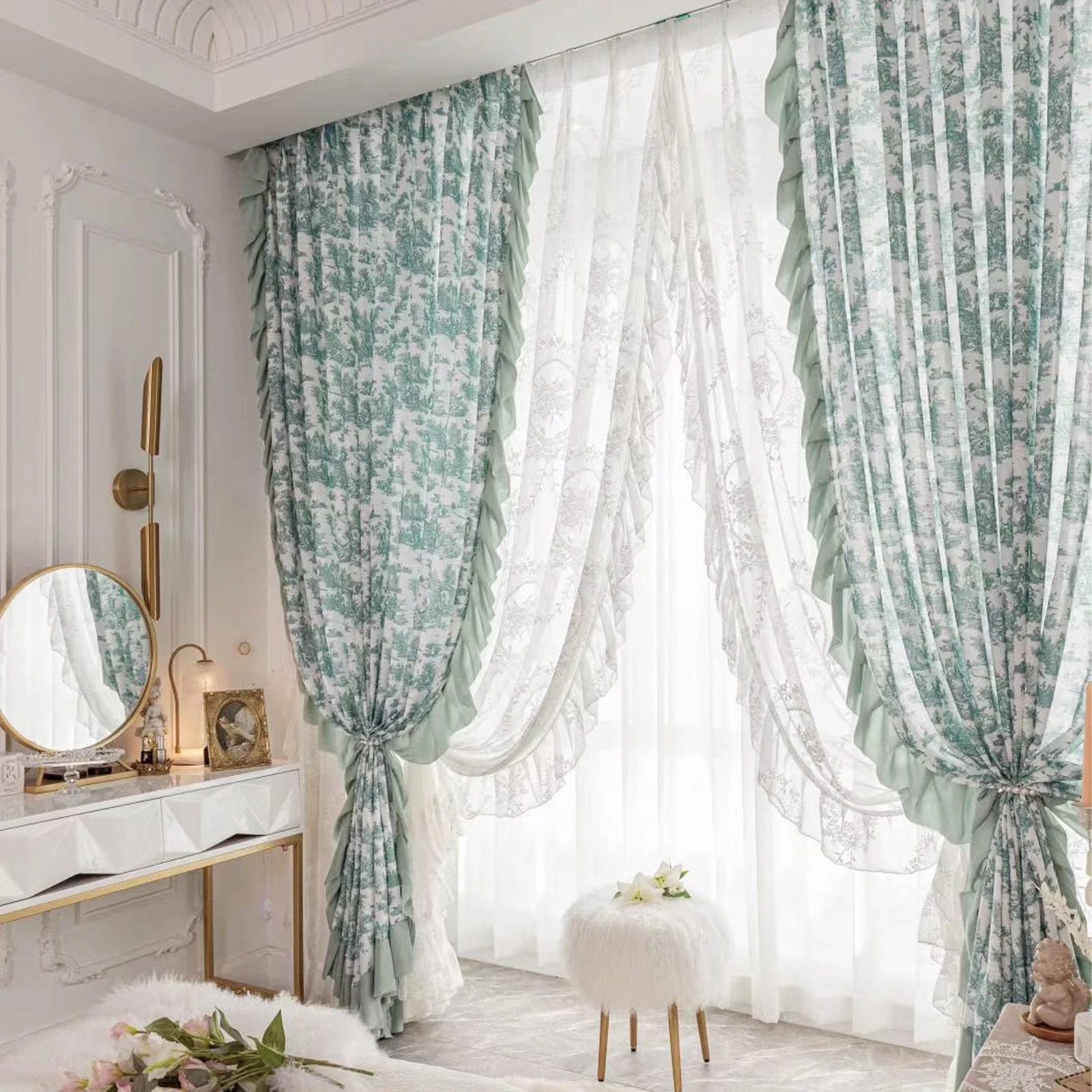 

Floral Curtains Linen Curtains for Living Room Grey French Country Farmhouse Curtains Top Semi Sheer Curtains