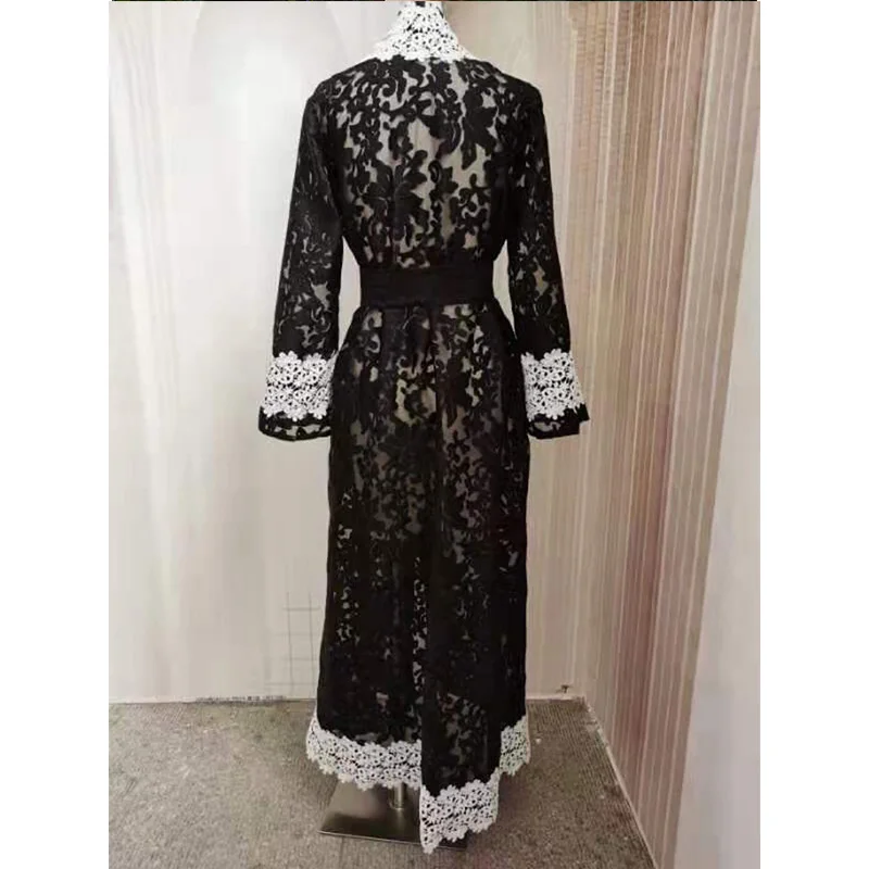 Middle East Muslim Lace Embroidered Coat Robe New Kimono Open Abayas For Women Black Long Dresses Turkey With Belt