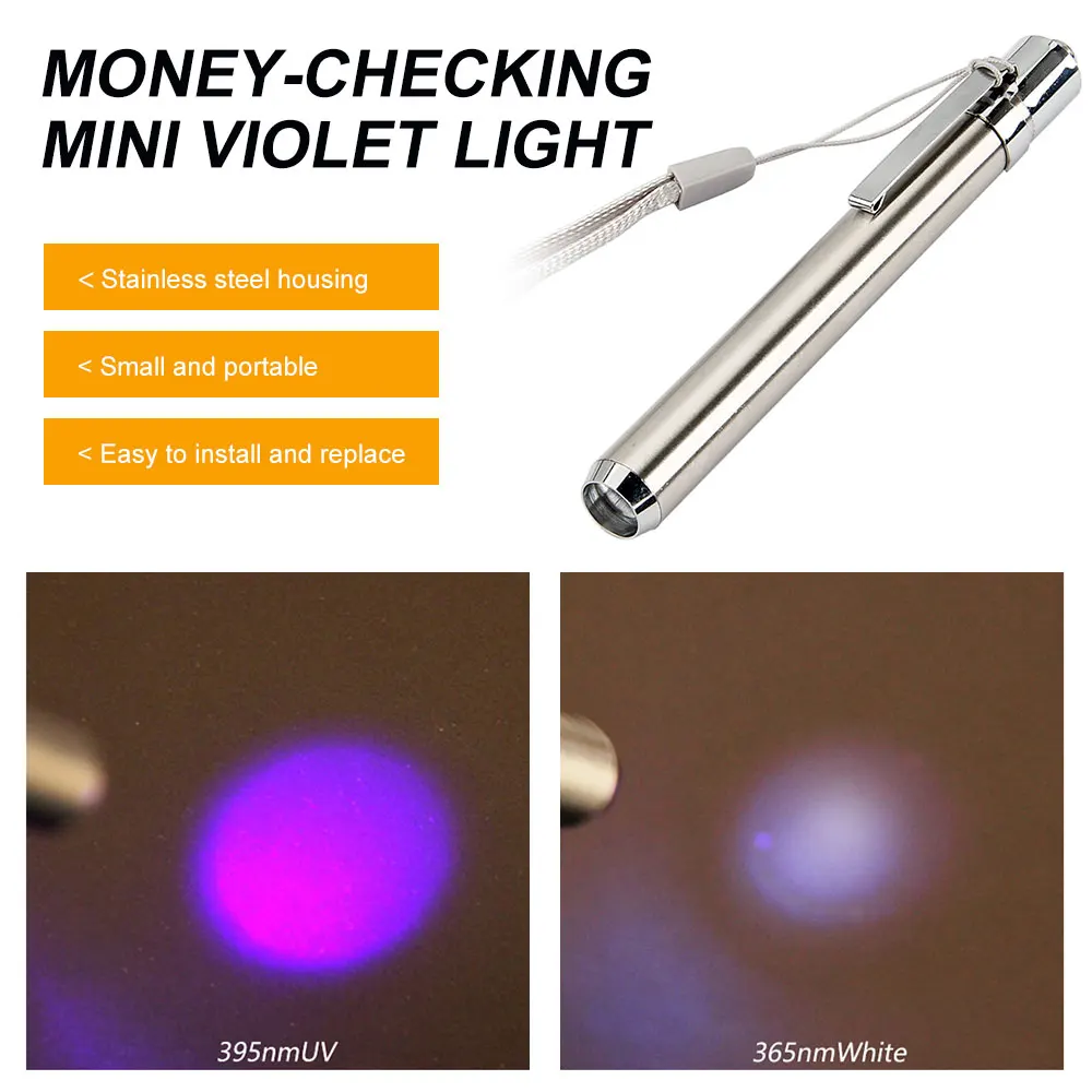 

Mini LED Stainless Steel Mini Lamp 395/365 UV Flashlight Torch Ultra Violet Light AAA Battery for Marker Checker Detection