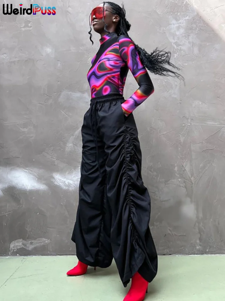 

Weird Puss Wide Leg Pants Women Y2K Solid Pocket Lace Up Ruched Loose Trousers High Waist 2022 Street Hipster Wild Casual Bottom