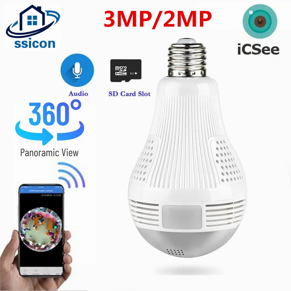 

360 ° WIFI Camera Indoor ICSee Smart Home Security Protection Two Ways Audio 3MP Wireless Panoramic E27 Bulb Camera