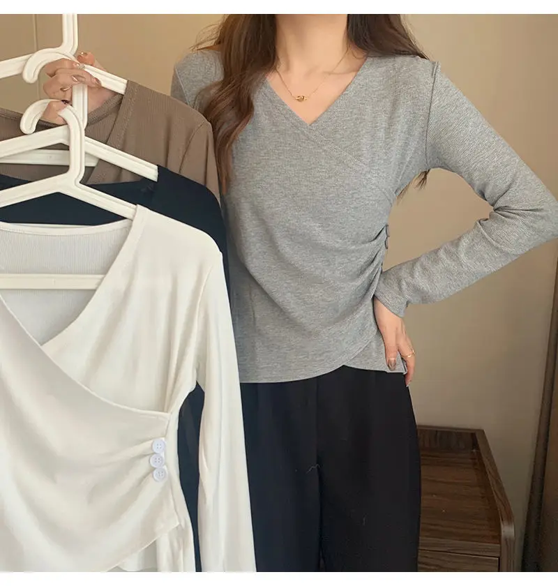 

Korean Casual Girls Tops Vintage Slim V-neck Long Sleeve Bottomed Women Tees High Street Solid Color Sexy Thin Y2K T Shirts
