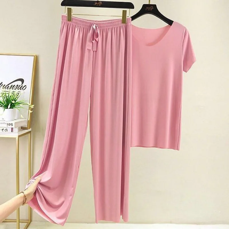 

Fashion ice silk suit women 2022 summer new sports casual wide leg pants short sleeve two-piece set tide