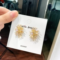 gold shiny fireworks stud earrings for women luxury temperament crystal zirconia unusual earrings girl wedding party jewelry