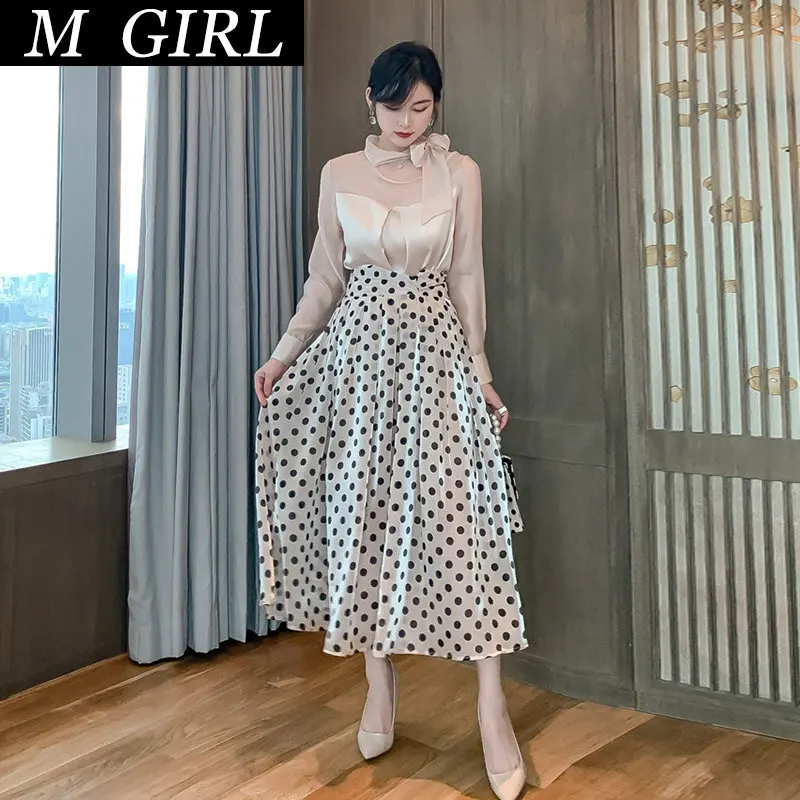 

M GIRLS Satin 2 Pieces Outfits High Quality Chic Sheer Folds Tops Shirt Blouse Sparkly Gold Dot Midi Skirt Femme Mujer Set