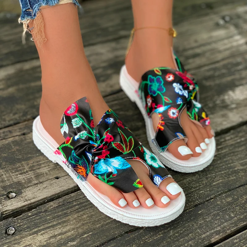 

Women's Slippers Flower Pattern Set Toe Fashion Leather Flat Beach Flip-flops 2023 Summer New Outdoor Bow Sandal Plus Size 35~43