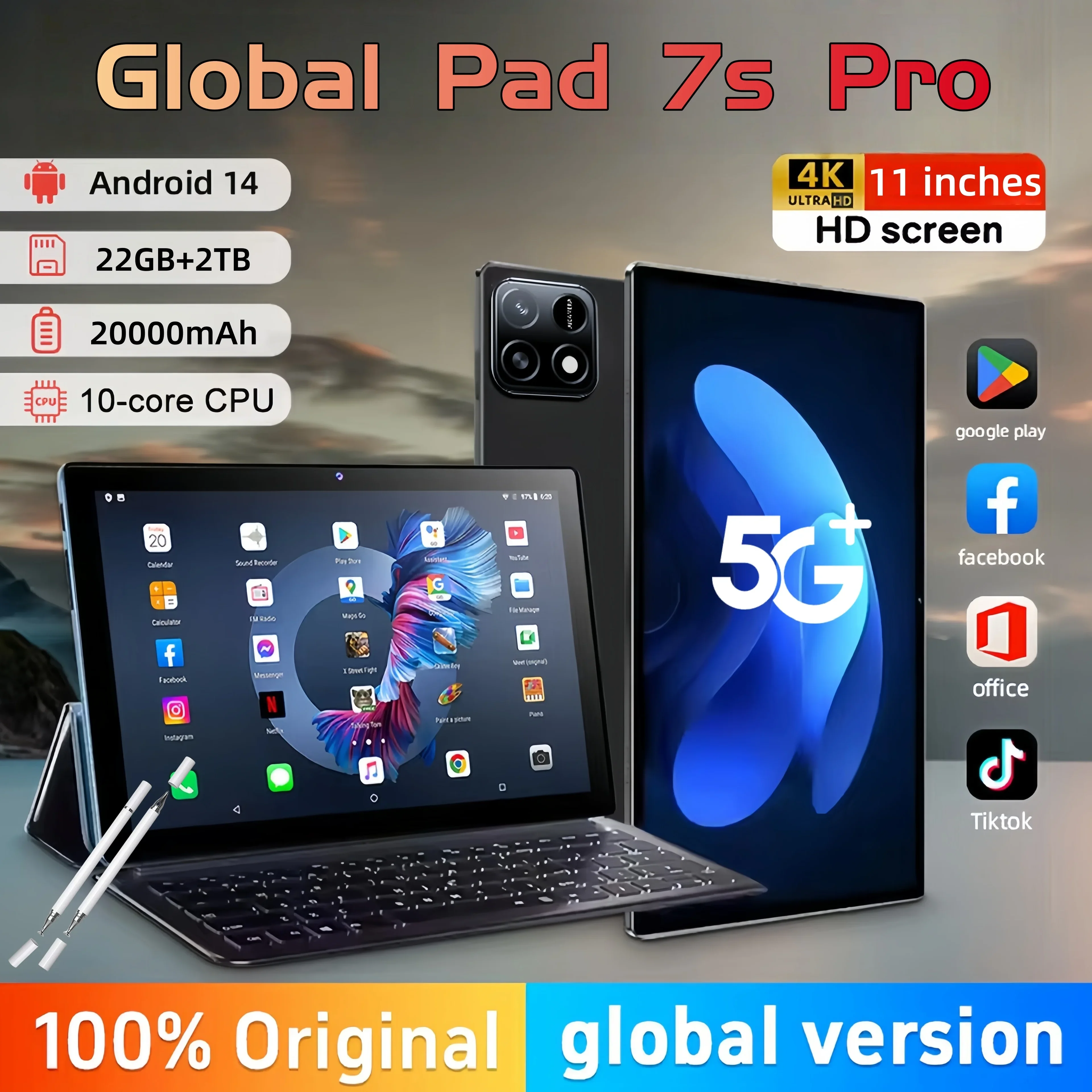 Фото 2025 Pad 7S Pro Планшетный ПК Android 14 Snapdragon8Gen2 11-дюймовый планшет 22 ГБ + 2 ТБ 10000 мАч Глобальная версия 5G Dual SIM WiFi №1
