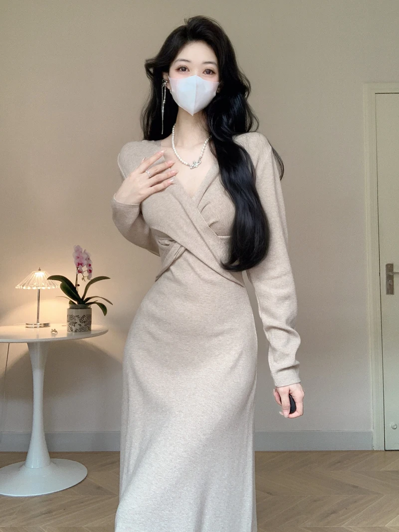 

Женское трикотажное платье-свитер, Длинное Элегантное вязаное платье с подкладкой, Осень-зима 2023