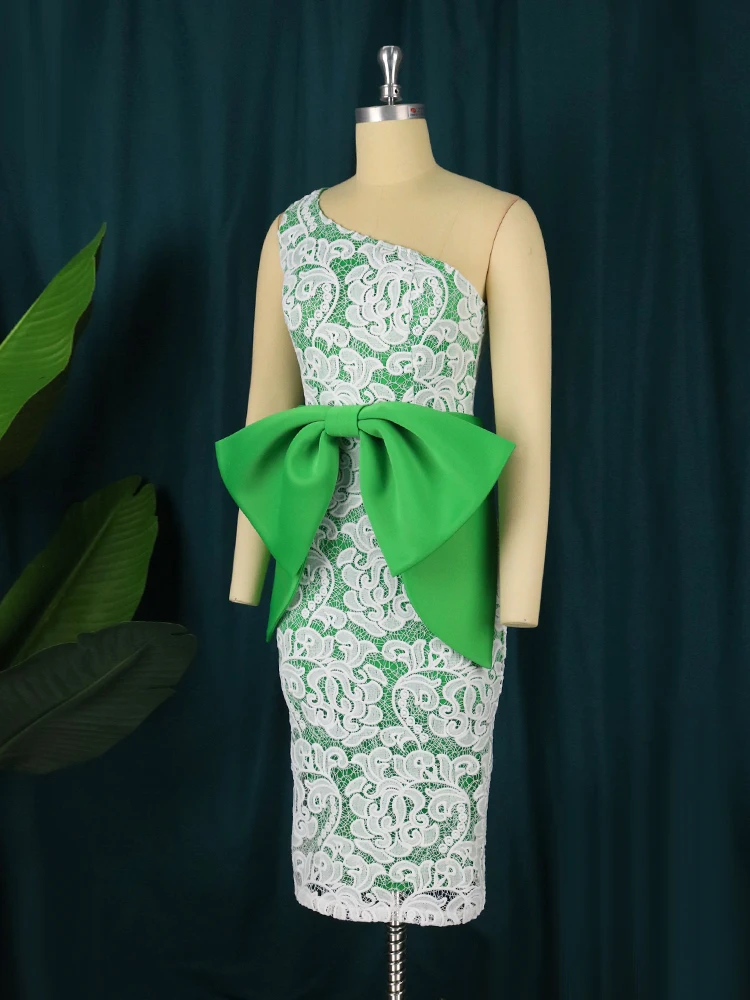 One Shoulder Dresses Sleeveless Women Bodycon Green Lace Patchwork Cocktail Event Party Outfits for Ladies Plus Size 4XL