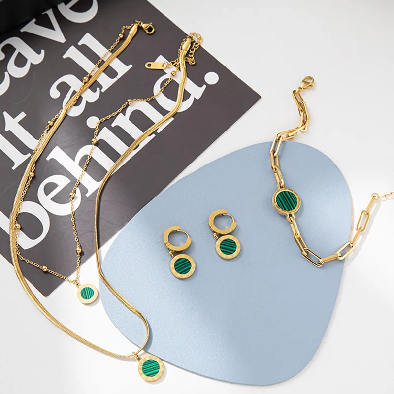 

Trend Green Striped Stone Charm Layered Chain Necklace Bracelet Earrings Set Women Gold Stainless Steel Party Jewelry Set