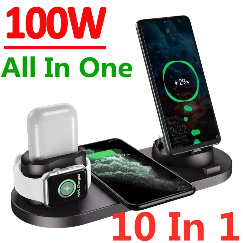 

100W 10 in 1 Wireless Charger Stand Pad For iPhone 14 13 12 Apple Watch Qi Fast Charging Dock Station for Airpods Pro iWatch 7 6