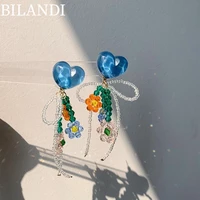 bilandi trendy jewelry blue red heart earrings popular style handmaking glass beads flower drop earrings for women party gifts
