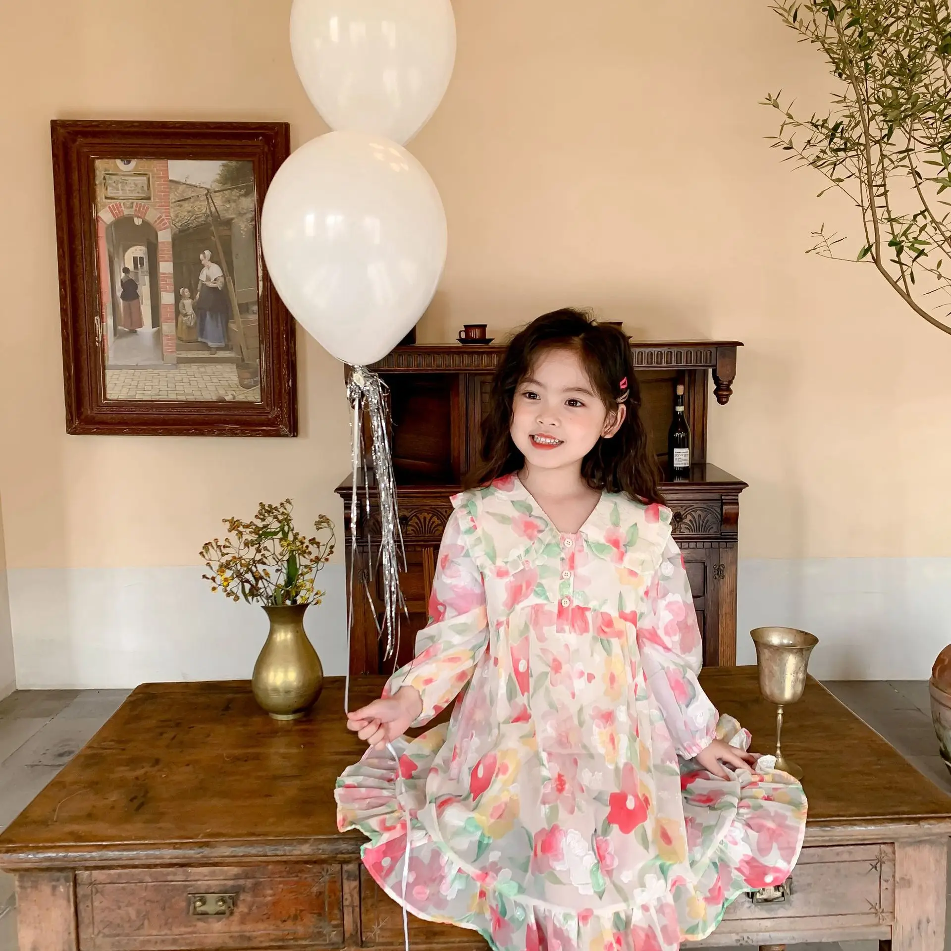 

Детское платье с длинным рукавом и цветочным принтом, весна 2022